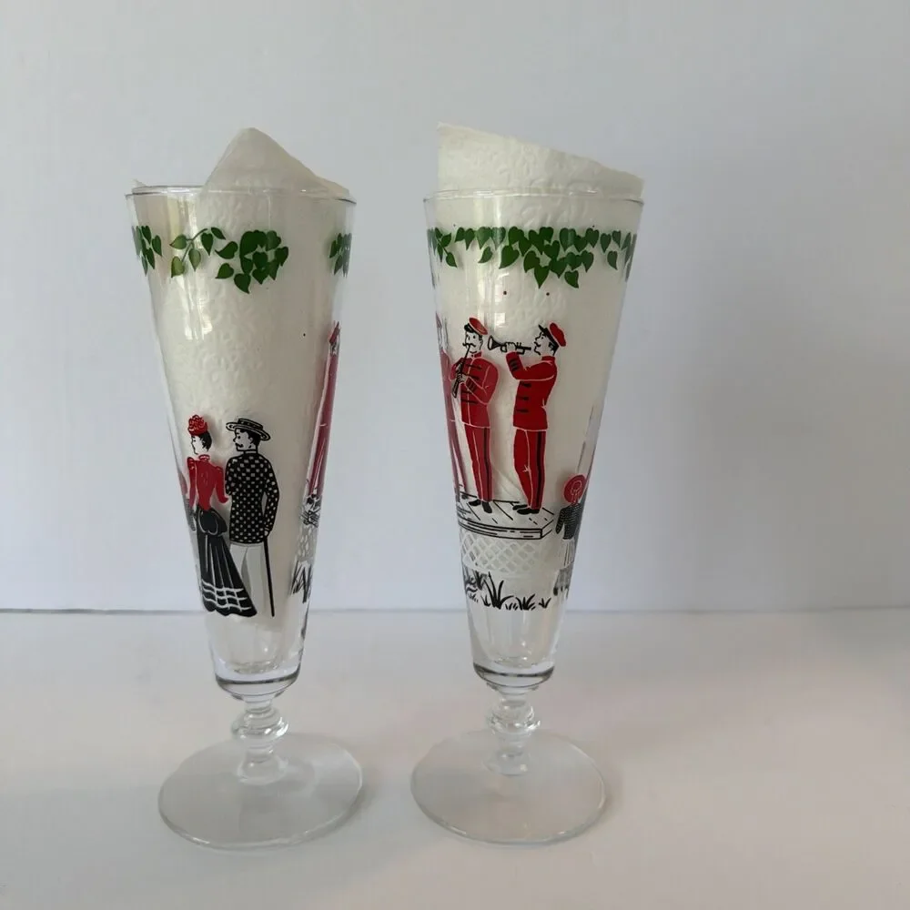 Vintage Stemmed Beer Pilsner Glasses Pair Musicians Band Retro MCM Barware Pub